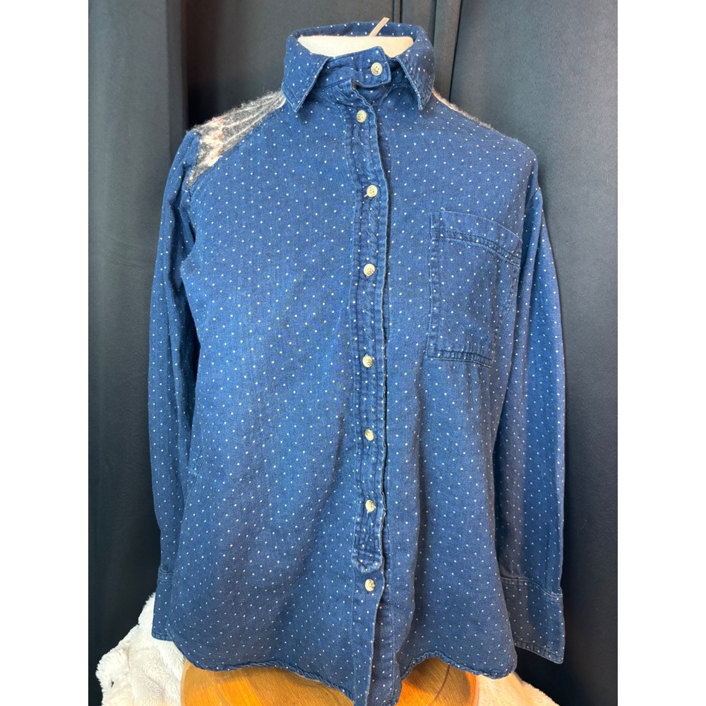 Free People Polka Dot Denim Button Down Shirt Fair Isle Knit Yoke Blue  western